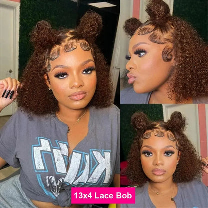 Perruque Bob Curly Brune 13x4 – Cheveux Humains Brésiliens, Boucles Profondes, Pixie Pré-Plumée, Couleur #4 - Porcin'Hair 