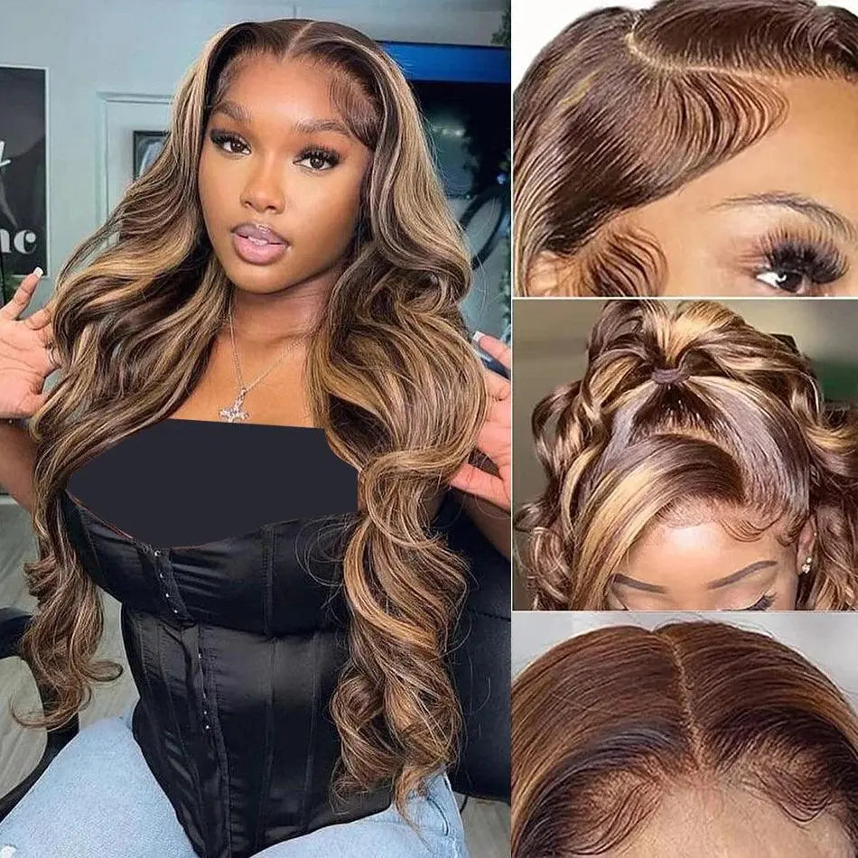Perruque Body Wave Naturelle Blonde à Reflets, 13x6, 13x4 HD, 210% Densité - Porcin'Hair 