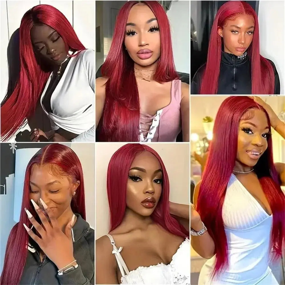 Perruque Frontale 13x4 Burgundy 99J – Cheveux Humains Brésiliens, 200% Densité, Lisse - Porcin'Hair 