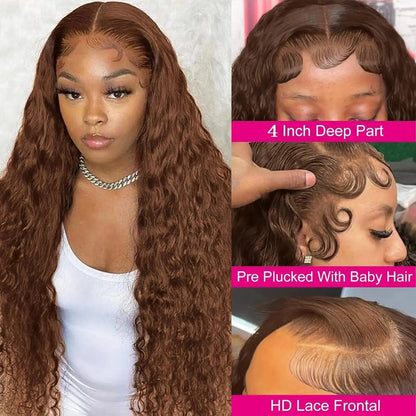Curly wigs Transparent Lace Front Wig Chocolate Brown 13x4 13x6 Brazilian Deep Wave Frontal Human Hair Wig for Women Pre Plucked - Porcin'Hair 