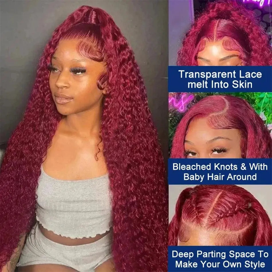 Perruque Frontale 13x4 Bouclée Rouge 99J Burgundy – 200% Cheveux Humains Brésiliens, Dentelle Transparente HD, Frontal Deep Wave - Porcin'Hair 