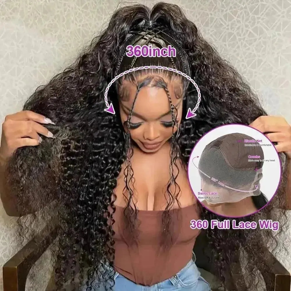 Peluca frontal de 360°, cabello humano con una densidad del 300%, ondas profundas y rizadas, encaje HD invisible, sin pegamento