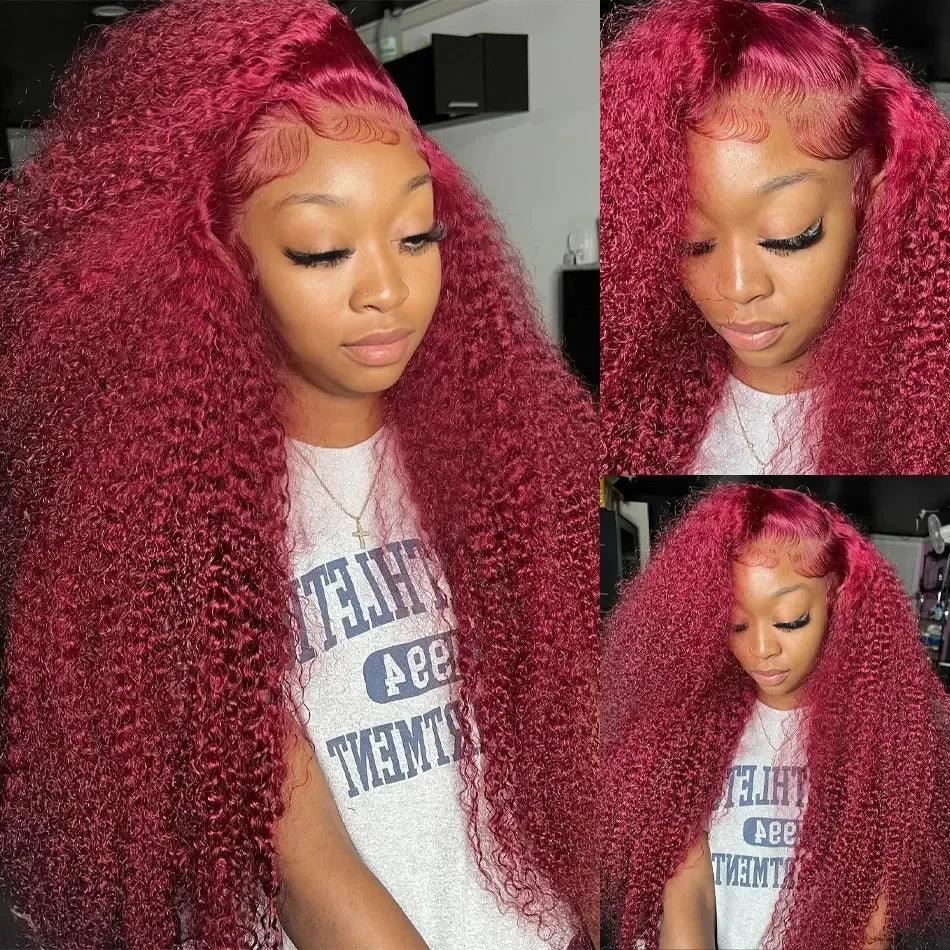 Perruque Frontale 13x4 Bouclée Rouge 99J Burgundy – 200% Cheveux Humains Brésiliens, Dentelle Transparente HD, Frontal Deep Wave - Porcin'Hair 
