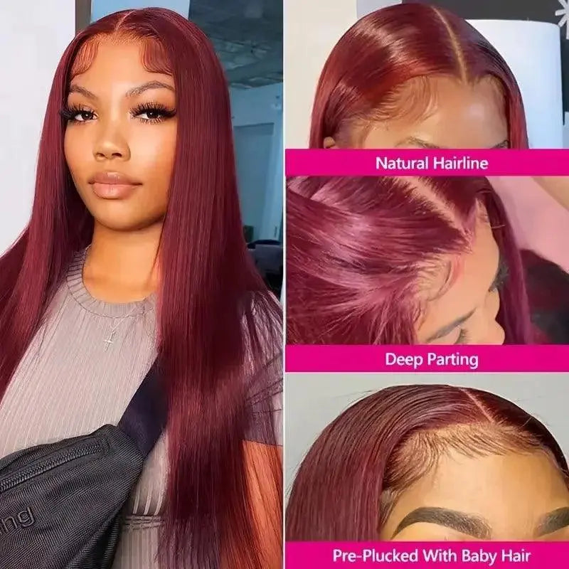 Perruque Frontale 13x4 Burgundy 99J – Cheveux Humains Brésiliens, 200% Densité, Lisse - Porcin'Hair 