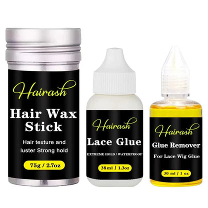Kit Complet pour Perruque : Colle Imperméable pour Lace Front Wig + Dissolvant de Colle à Base de Plantes + Stick Cire Coiffante + Spray Teinte pour Dentelle - Porcin'Hair 