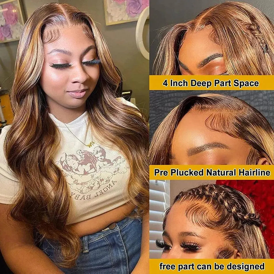 Perruque Body Wave Naturelle Blonde à Reflets, 13x6, 13x4 HD, 210% Densité - Porcin'Hair 