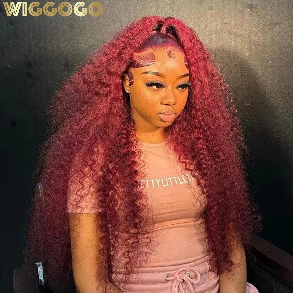 Perruque Frontale 13x4 Bouclée Rouge 99J Burgundy – 200% Cheveux Humains Brésiliens, Dentelle Transparente HD, Frontal Deep Wave - Porcin'Hair 