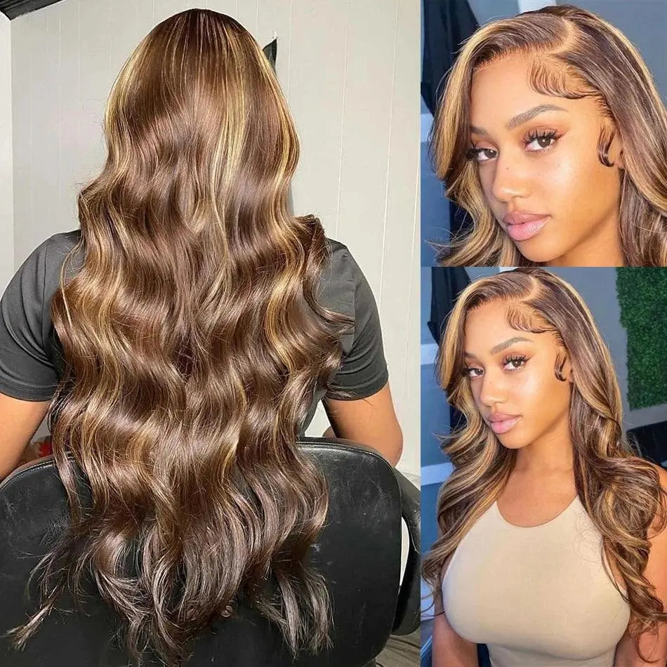 Perruque Body Wave Naturelle Blonde à Reflets, 13x6, 13x4 HD, 210% Densité - Porcin'Hair 