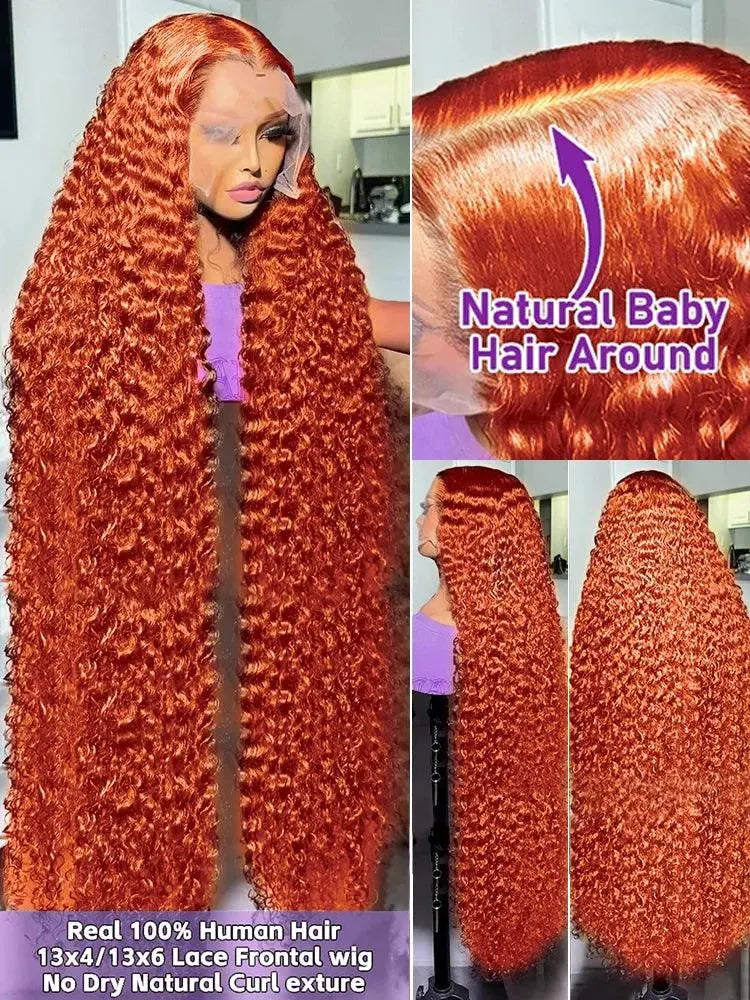 Perruque Frontale 13x4/13x6, 250% densité cheveux Humains 30-40 Pouces, Boucles Orange Profondes, Dentelle HD, Pour Femme - Porcin'Hair 