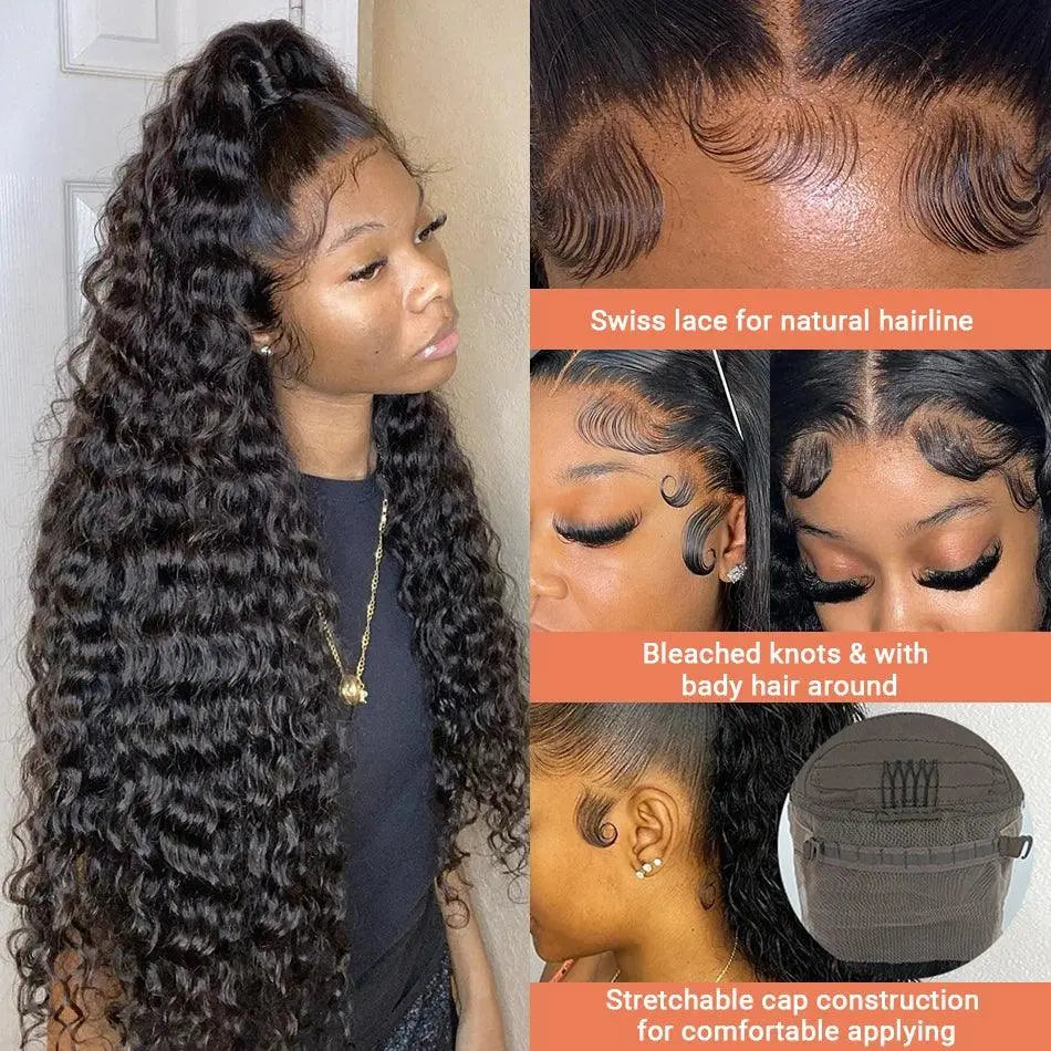 Perruque Frontale Curly 18-42 pouces, 210% densité Cheveux Humains 13x4/13x6 HD, Deep Wave - Porcin'Hair 