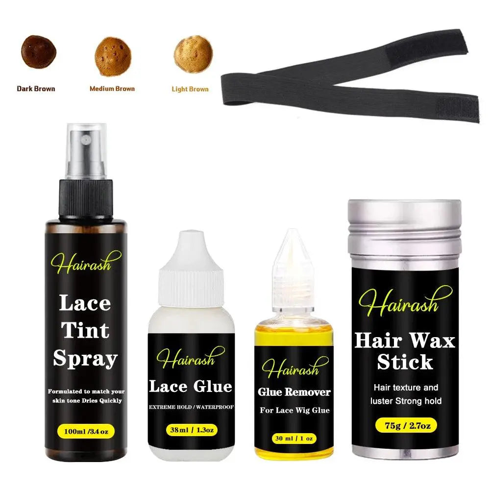 Kit Complet pour Perruque : Colle Imperméable pour Lace Front Wig + Dissolvant de Colle à Base de Plantes + Stick Cire Coiffante + Spray Teinte pour Dentelle - Porcin'Hair 