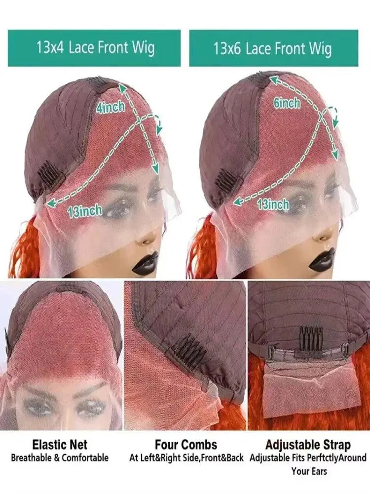 Perruque Frontale 13x4/13x6, 250% densité cheveux Humains 30-40 Pouces, Boucles Orange Profondes, Dentelle HD, Pour Femme - Porcin'Hair 