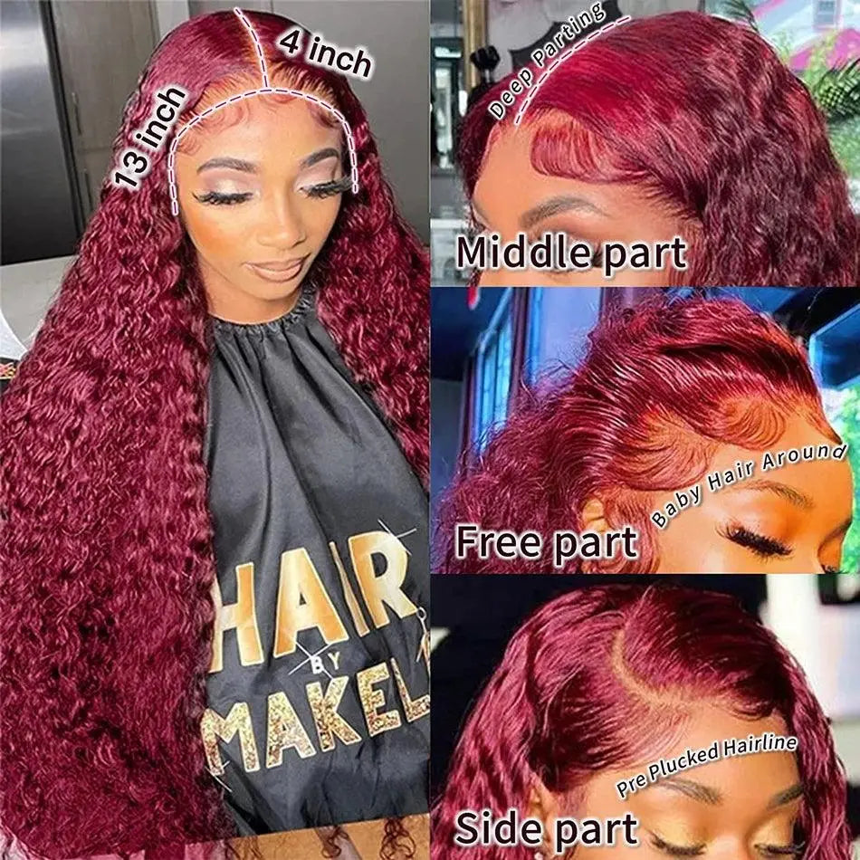 Perruque Frontale 13x4 Bouclée Rouge 99J Burgundy – 200% Cheveux Humains Brésiliens, Dentelle Transparente HD, Frontal Deep Wave - Porcin'Hair 