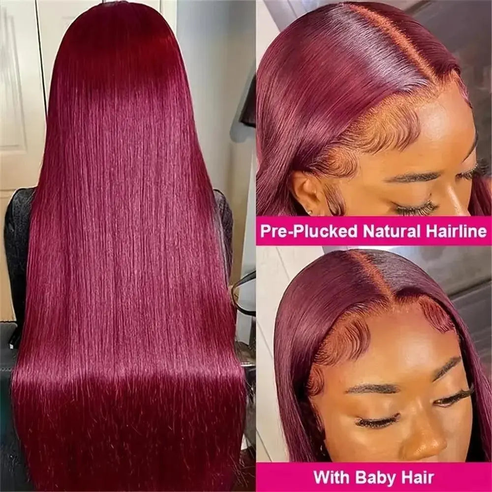 Perruque Frontale 13x4 Burgundy 99J – Cheveux Humains Brésiliens, 200% Densité, Lisse - Porcin'Hair 