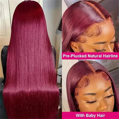 Perruque Frontale 13x4 Burgundy 99J – Cheveux Humains Brésiliens, 200% Densité, Lisse - Porcin'Hair 