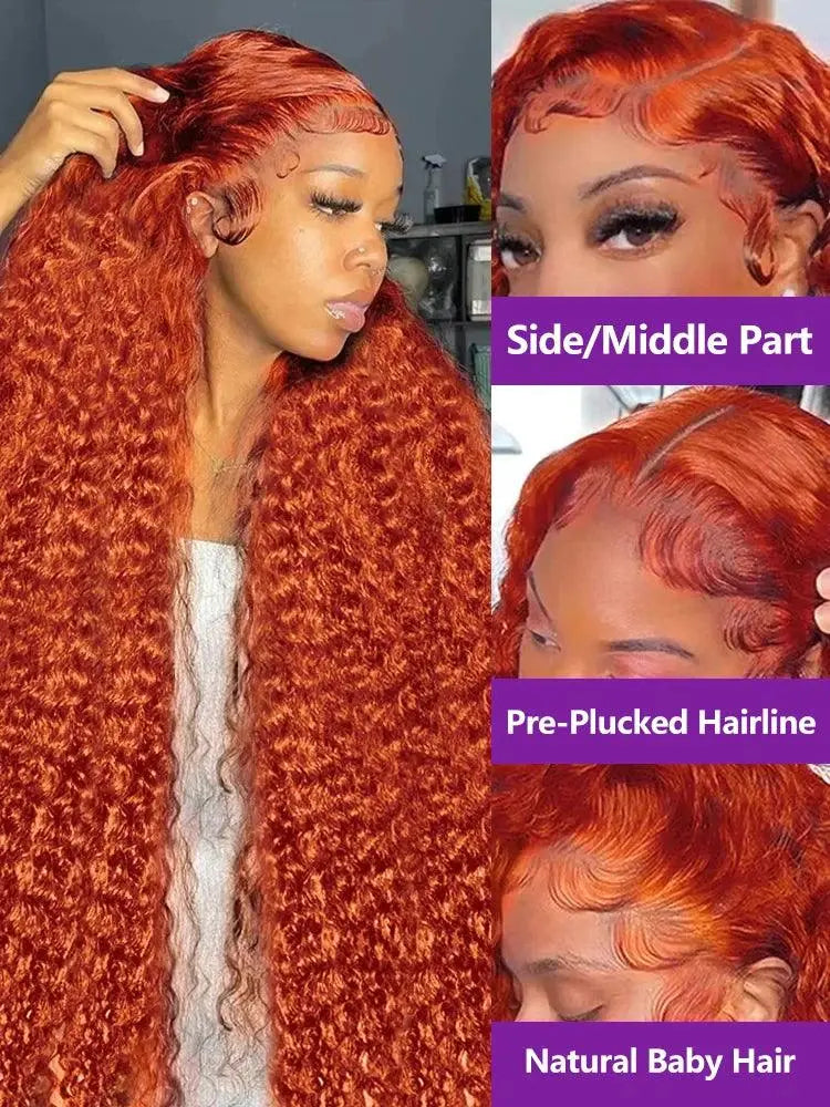 Perruque Frontale 13x4/13x6, 250% densité cheveux Humains 30-40 Pouces, Boucles Orange Profondes, Dentelle HD, Pour Femme - Porcin'Hair 