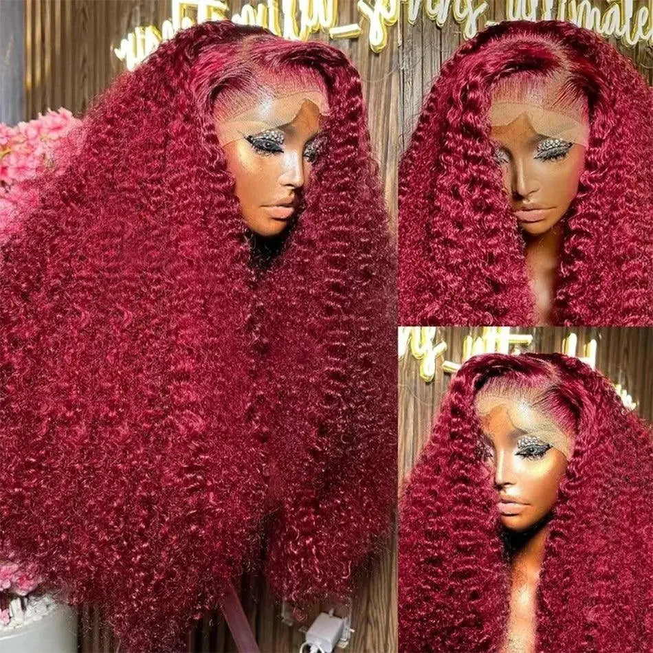 Perruque Frontale 13x4 Bouclée Rouge 99J Burgundy – 200% Cheveux Humains Brésiliens, Dentelle Transparente HD, Frontal Deep Wave - Porcin'Hair 