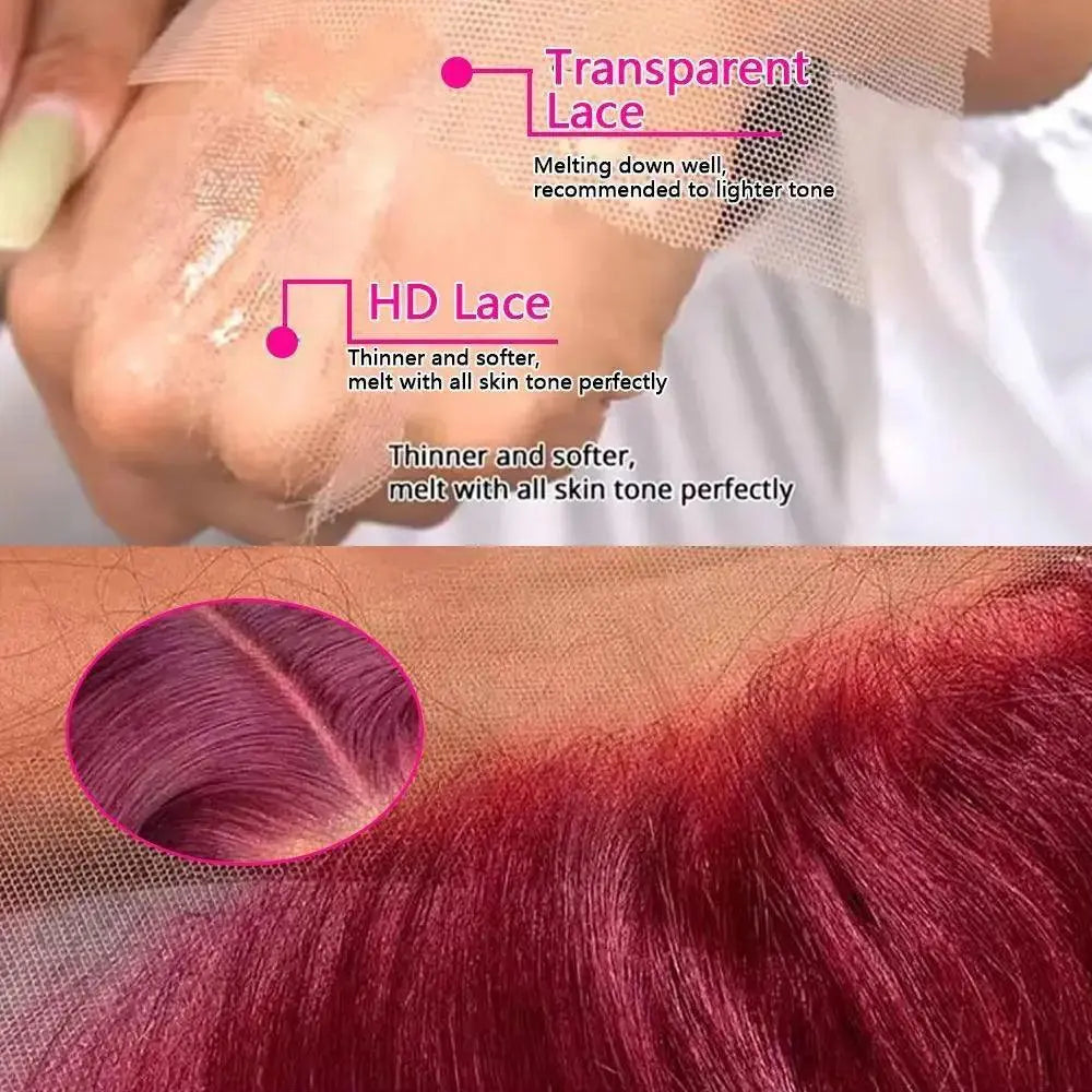 Perruque Frontale 13x4 Burgundy 99J – Cheveux Humains Brésiliens, 200% Densité, Lisse - Porcin'Hair 