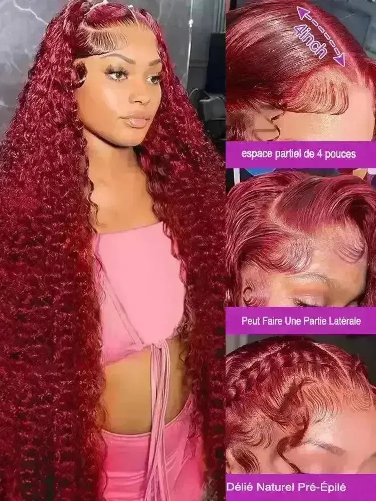 Perruque Deep Wave 99J Burgundy – Lace HD 13x6 – Cheveux Humains Brésiliens 250% - Porcin'Hair 