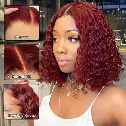 Perruque Bob 99J Deep Wave – Lace Front 13x4 HD, Sans Colle, Cheveux Humains Rouges - Porcin'Hair 