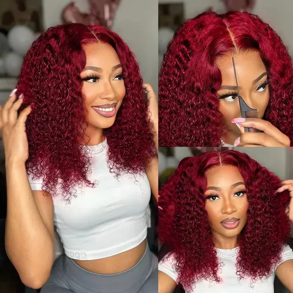 Perruque Bob 99J Deep Wave – Lace Front 13x4 HD, Sans Colle, Cheveux Humains Rouges - Porcin'Hair 