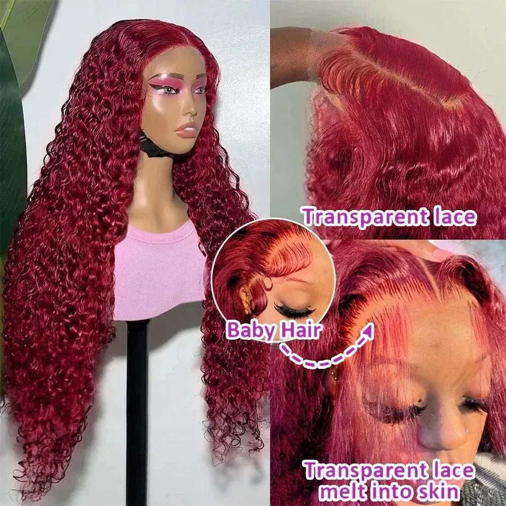 Perruque Cheveux Humains Brésiliens Rouge, Dentelle HD Transparente, Boucles Profondes - Porcin'Hair 