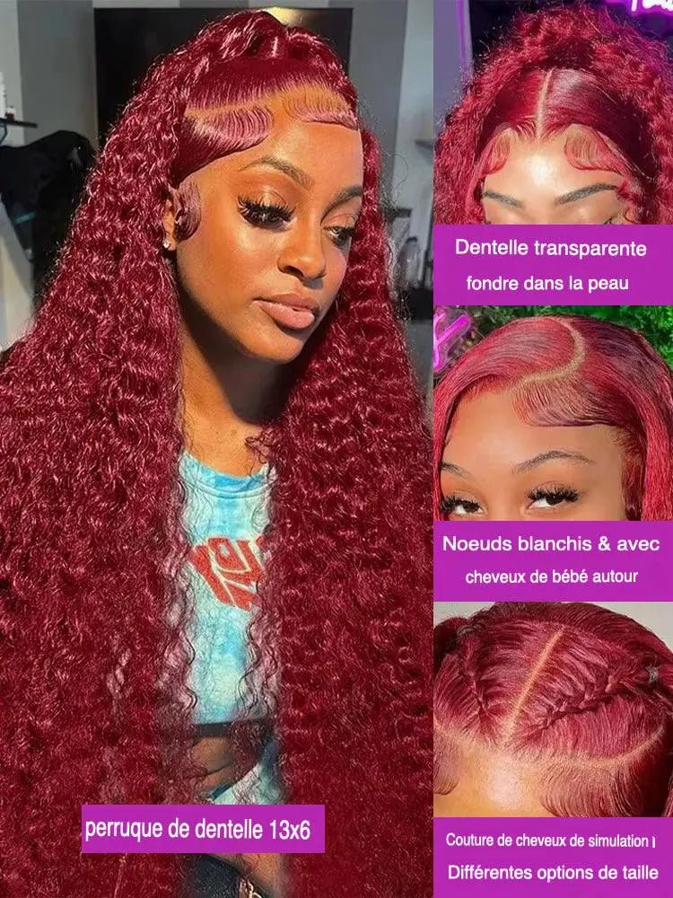 Perruque Deep Wave 99J Burgundy – Lace HD 13x6 – Cheveux Humains Brésiliens 250% - Porcin'Hair 