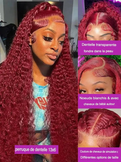 Perruque Deep Wave 99J Burgundy – Lace HD 13x6 – Cheveux Humains Brésiliens 250% - Porcin'Hair 