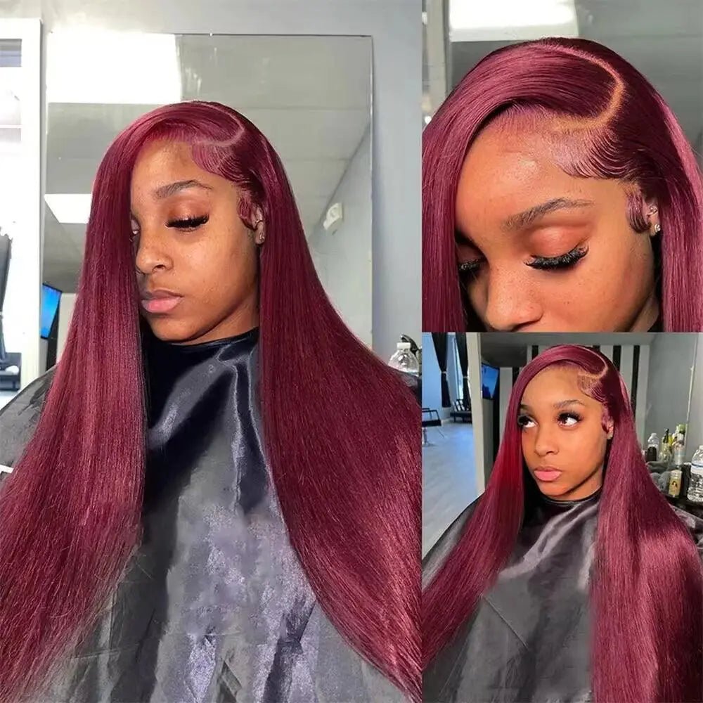perruque Frontal – 100% Brazilian Human Hair, 99J Red Colored, 200% Density, Pre-Plucked, Transparent Lace Frontal Wig - Porcin'Hair 
