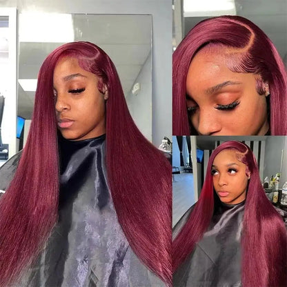 perruque Frontal – 100% Brazilian Human Hair, 99J Red Colored, 200% Density, Pre-Plucked, Transparent Lace Frontal Wig - Porcin'Hair 