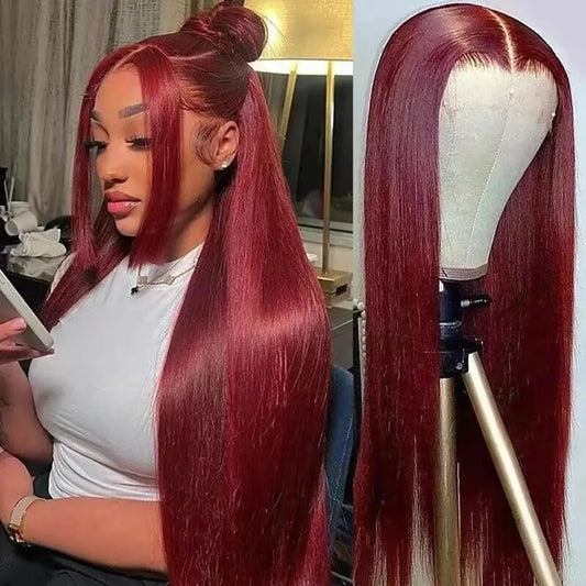 perruque Frontal – 100% Brazilian Human Hair, 99J Red Colored, 200% Density, Pre-Plucked, Transparent Lace Frontal Wig - Porcin'Hair 