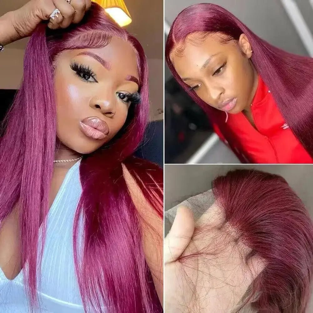 perruque Frontal – 100% Brazilian Human Hair, 99J Red Colored, 200% Density, Pre-Plucked, Transparent Lace Frontal Wig - Porcin'Hair 