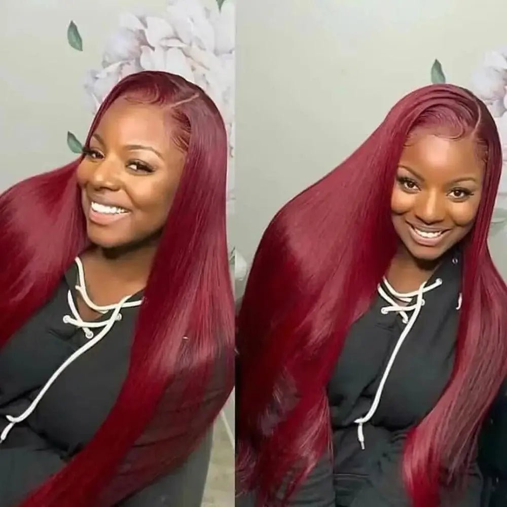 perruque Frontal – 100% Brazilian Human Hair, 99J Red Colored, 200% Density, Pre-Plucked, Transparent Lace Frontal Wig - Porcin'Hair 