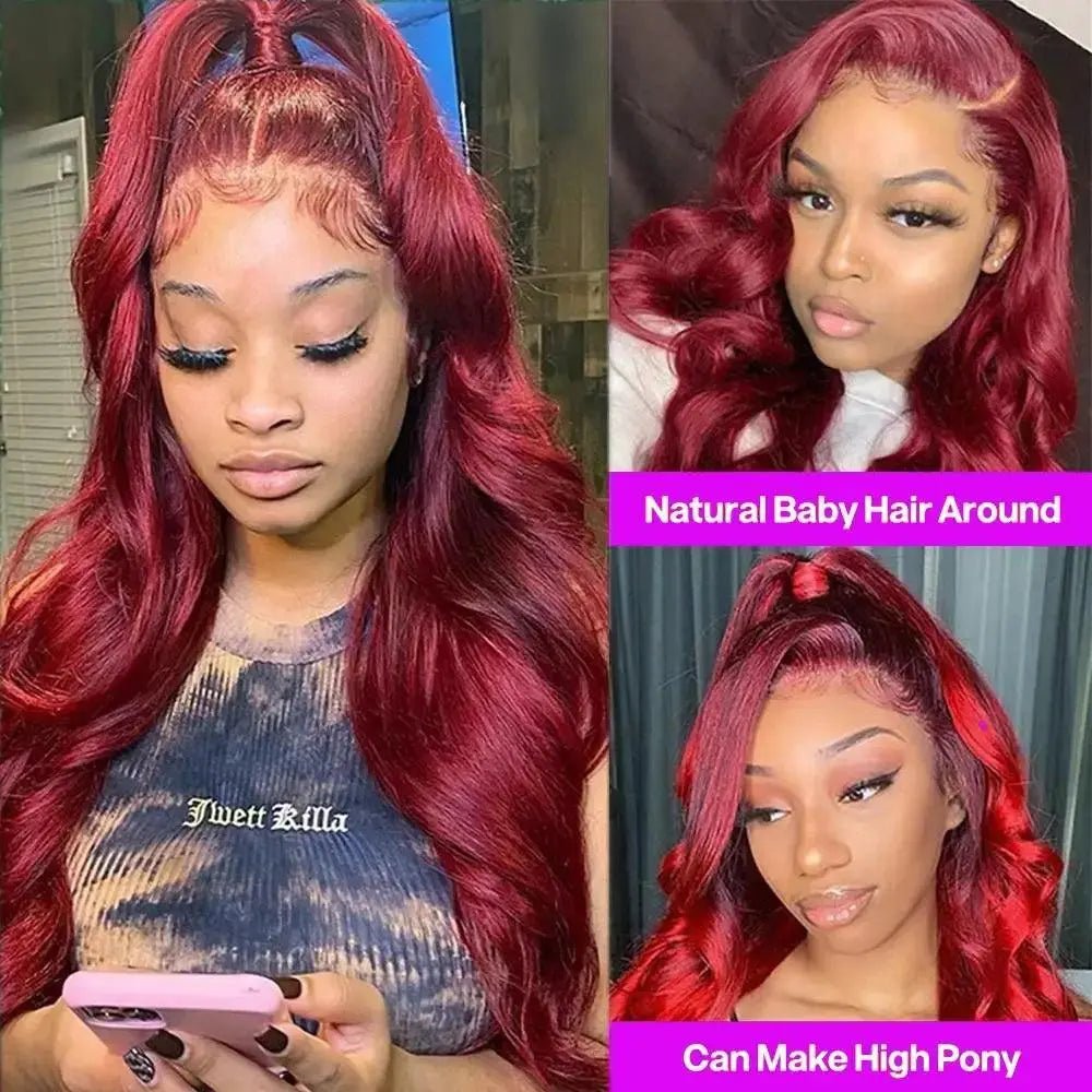 Perruque Frontale Body Wave 99J Burgundy – Cheveux Humains Brésiliens, Dentelle HD, 13x4/13x6 Pré-plumée, Rouge 99J - Porcin'Hair 