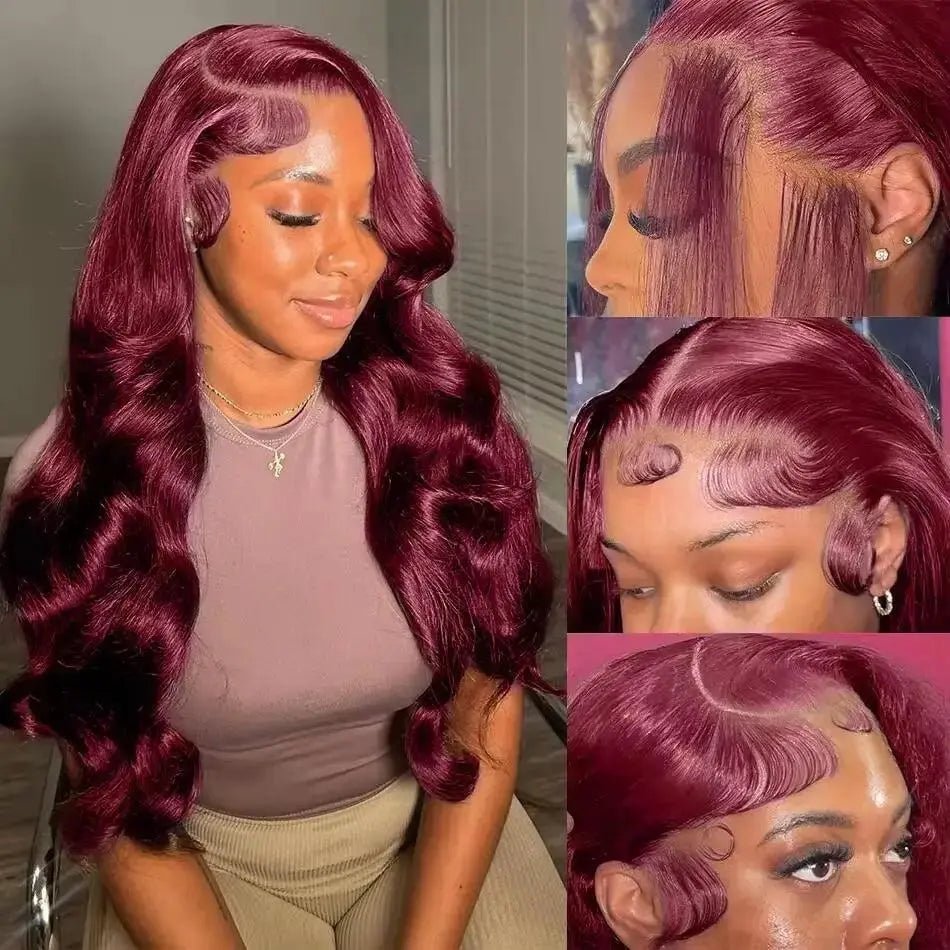 Perruque Frontale Body Wave 99J Burgundy – Cheveux Humains Brésiliens, Dentelle HD, 13x4/13x6 Pré-plumée, Rouge 99J - Porcin'Hair 