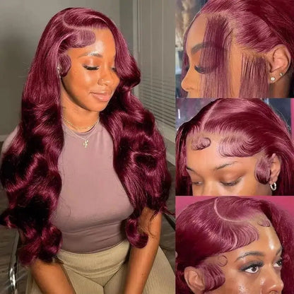 Perruque Frontale Body Wave 99J Burgundy – Cheveux Humains Brésiliens, Dentelle HD, 13x4/13x6 Pré-plumée, Rouge 99J - Porcin'Hair 