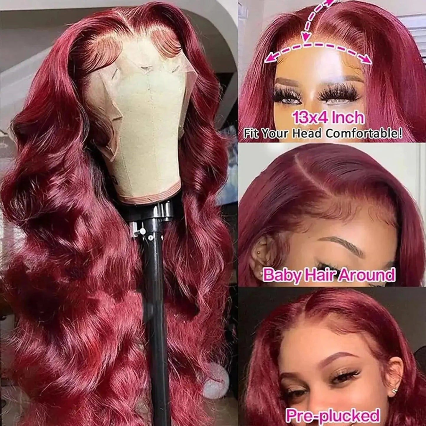 Perruque Frontale Body Wave 99J Burgundy – Cheveux Humains Brésiliens, Dentelle HD, 13x4/13x6 Pré-plumée, Rouge 99J - Porcin'Hair 